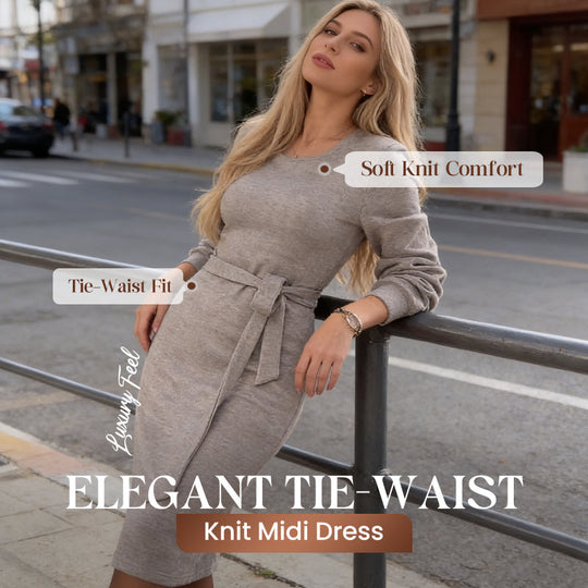Women's Elegant Tie-Waist Knit Midi Dress