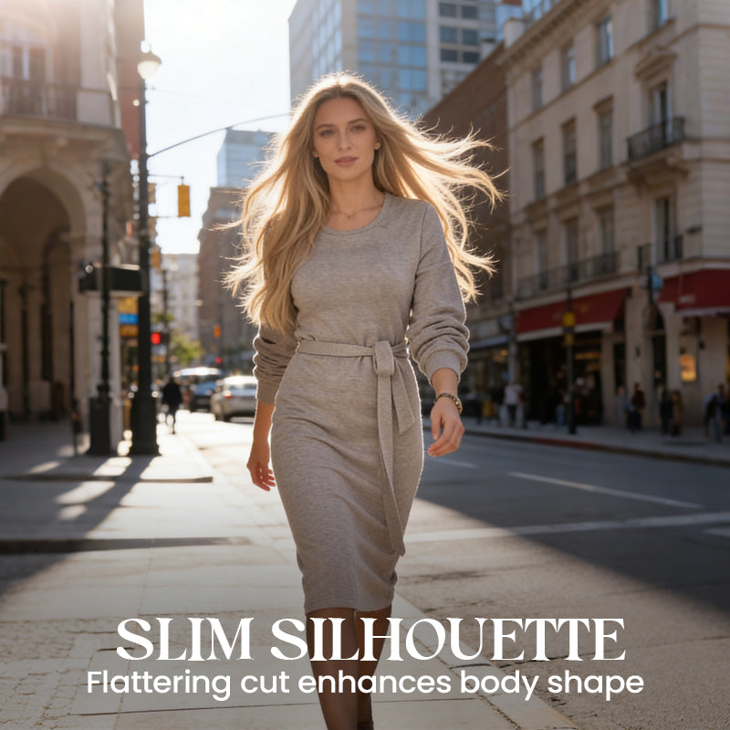 Women's Elegant Tie-Waist Knit Midi Dress