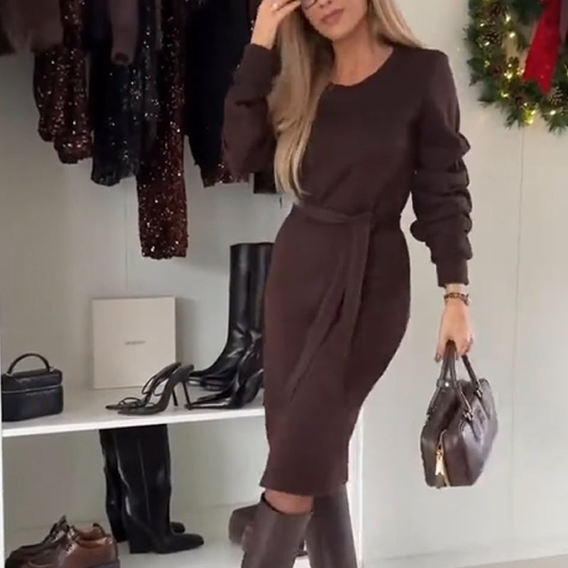 Women's Elegant Tie-Waist Knit Midi Dress