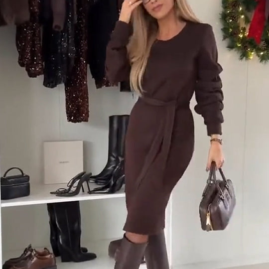 Women's Elegant Tie-Waist Knit Midi Dress