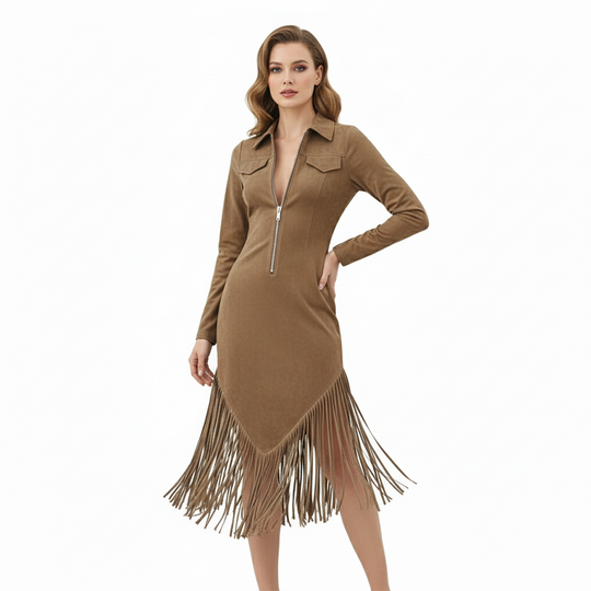 Trending Now⭐👗 Western Fringe Zipper Midi Dress – Body-Contouring Fit & Playful Hem for Effortless Statement Style