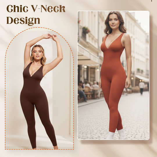 💞50.000+ SOLGT!🌸Højstrækbar jumpsuit med V-hals – Heldags komfort til fitness &  ud over. Åndbar, fleksibel &  Ubesværet chik. Din favorit til bevægelse. 🧘‍♀️💫