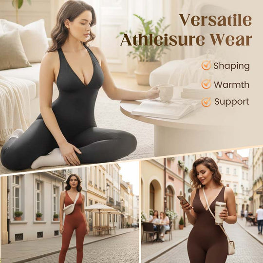 💞50.000+ SOLGT!🌸Højstrækbar jumpsuit med V-hals – Heldags komfort til fitness &  ud over. Åndbar, fleksibel &  Ubesværet chik. Din favorit til bevægelse. 🧘‍♀️💫