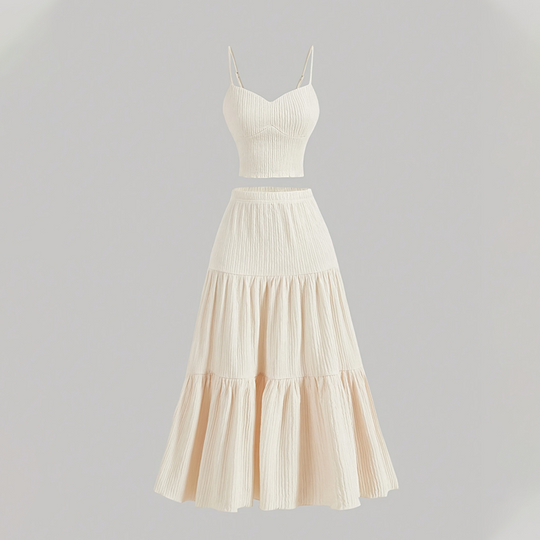 ⏳Time-Limited Special⏰High Waist A-Line Skirt and Cami Top Set – Tiered Skirt, Crinkle Fabric, Boho-Chic ✨