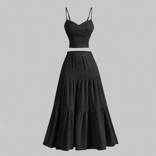 ⏳Time-Limited Special⏰High Waist A-Line Skirt and Cami Top Set – Tiered Skirt, Crinkle Fabric, Boho-Chic ✨