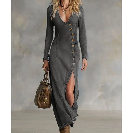 Women's Long Sleeve V-Neck Maxi Dress