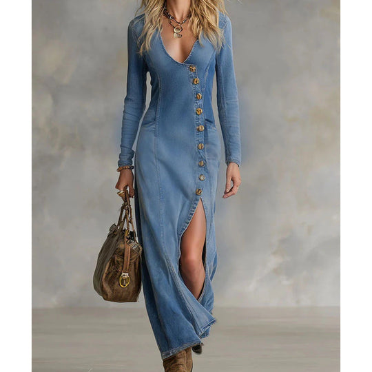 Women's Long Sleeve V-Neck Maxi Dress