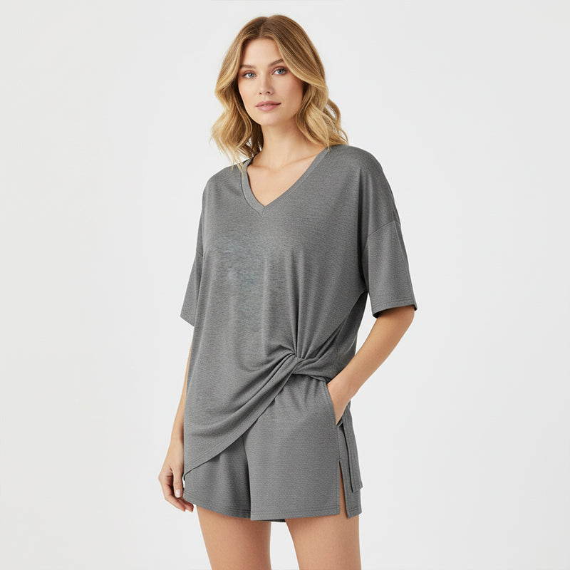 PRETTYGARDEN Crewneck Two-Piece Set For Women Summer Casual Oversized Split Hem Shirts & Side Pocket Biker Shorts Minimalist Lounge Wear Soft Viscose Fabric Comfy Homewear Cozy Pjs