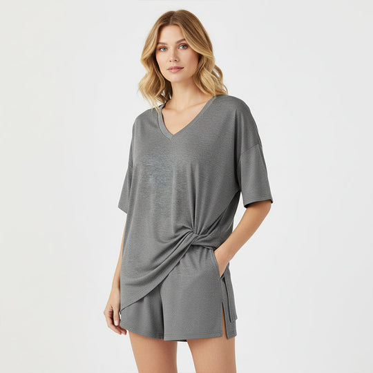 PRETTYGARDEN Crewneck Two-Piece Set For Women Summer Casual Oversized Split Hem Shirts & Side Pocket Biker Shorts Minimalist Lounge Wear Soft Viscose Fabric Comfy Homewear Cozy Pjs