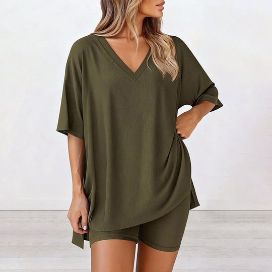 PRETTYGARDEN Crewneck Two-Piece Set For Women Summer Casual Oversized Split Hem Shirts & Side Pocket Biker Shorts Minimalist Lounge Wear Soft Viscose Fabric Comfy Homewear Cozy Pjs