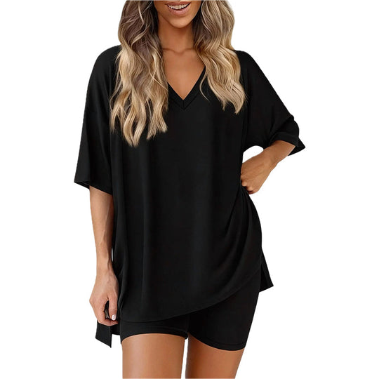 PRETTYGARDEN Crewneck Two-Piece Set For Women Summer Casual Oversized Split Hem Shirts & Side Pocket Biker Shorts Minimalist Lounge Wear Soft Viscose Fabric Comfy Homewear Cozy Pjs