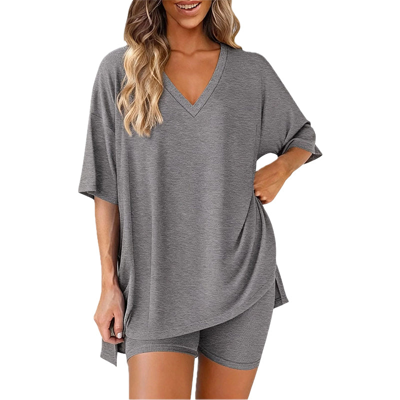 PRETTYGARDEN Crewneck Two-Piece Set For Women Summer Casual Oversized Split Hem Shirts & Side Pocket Biker Shorts Minimalist Lounge Wear Soft Viscose Fabric Comfy Homewear Cozy Pjs
