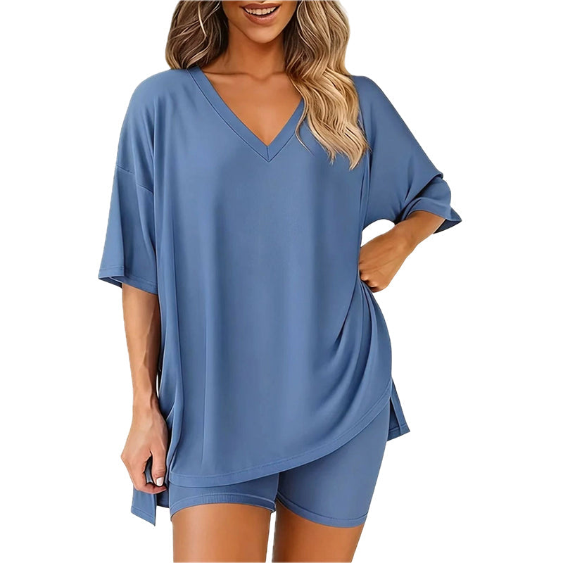 PRETTYGARDEN Crewneck Two-Piece Set For Women Summer Casual Oversized Split Hem Shirts & Side Pocket Biker Shorts Minimalist Lounge Wear Soft Viscose Fabric Comfy Homewear Cozy Pjs