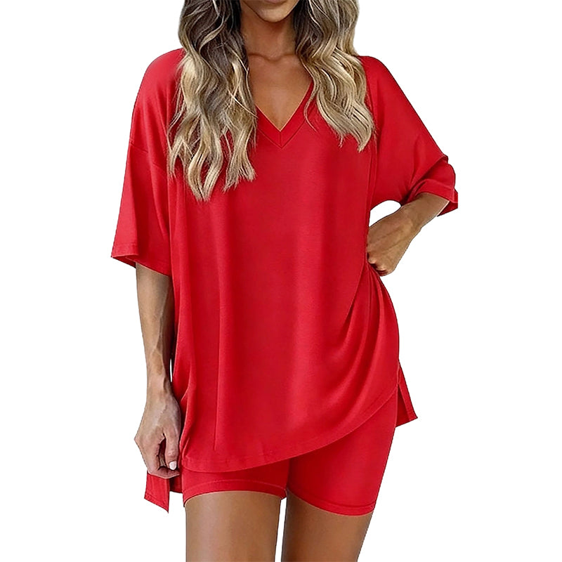 PRETTYGARDEN Crewneck Two-Piece Set For Women Summer Casual Oversized Split Hem Shirts & Side Pocket Biker Shorts Minimalist Lounge Wear Soft Viscose Fabric Comfy Homewear Cozy Pjs