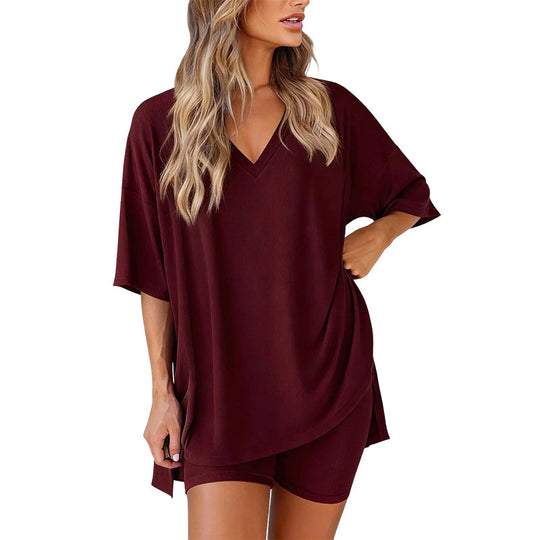 PRETTYGARDEN Crewneck Two-Piece Set For Women Summer Casual Oversized Split Hem Shirts & Side Pocket Biker Shorts Minimalist Lounge Wear Soft Viscose Fabric Comfy Homewear Cozy Pjs