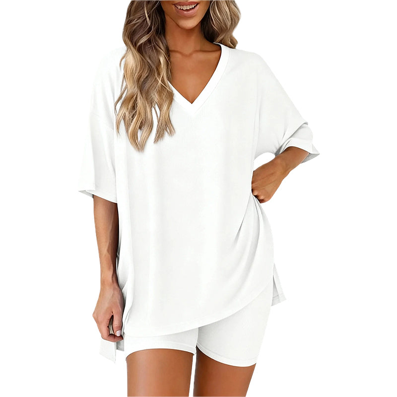 PRETTYGARDEN Crewneck Two-Piece Set For Women Summer Casual Oversized Split Hem Shirts & Side Pocket Biker Shorts Minimalist Lounge Wear Soft Viscose Fabric Comfy Homewear Cozy Pjs