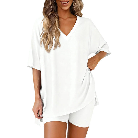PRETTYGARDEN Crewneck Two-Piece Set For Women Summer Casual Oversized Split Hem Shirts & Side Pocket Biker Shorts Minimalist Lounge Wear Soft Viscose Fabric Comfy Homewear Cozy Pjs