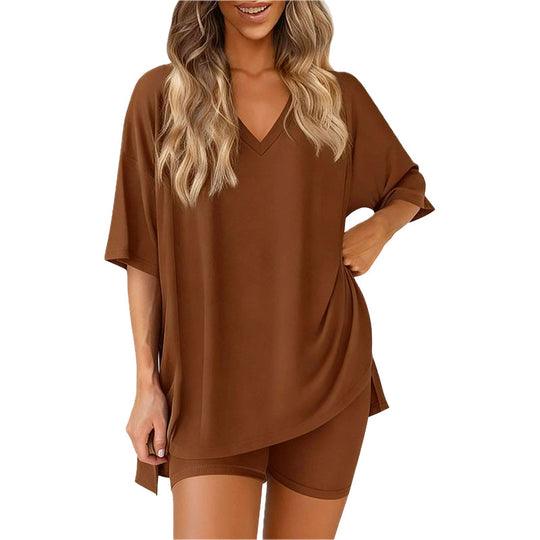 PRETTYGARDEN Crewneck Two-Piece Set For Women Summer Casual Oversized Split Hem Shirts & Side Pocket Biker Shorts Minimalist Lounge Wear Soft Viscose Fabric Comfy Homewear Cozy Pjs