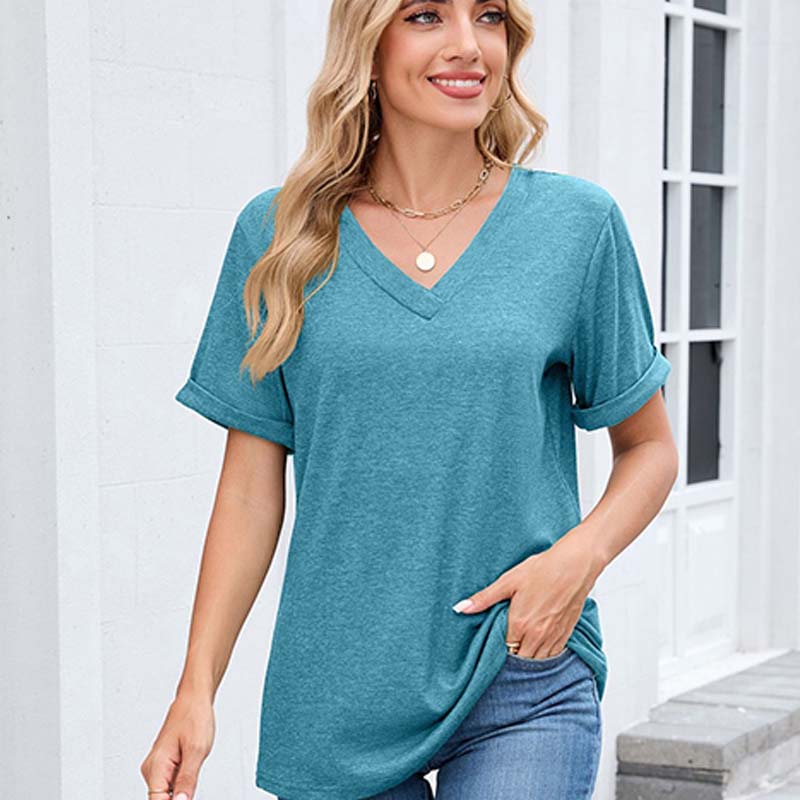 WIHOLL SwimWeek Womens Short Sleeve V Neck Dolman Tops with Side Shirring Loose Fit Shirts
