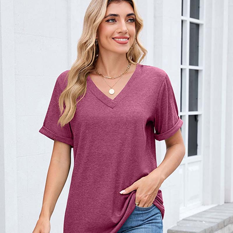 WIHOLL SwimWeek Womens Short Sleeve V Neck Dolman Tops with Side Shirring Loose Fit Shirts