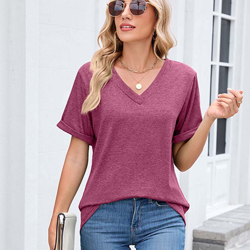WIHOLL SwimWeek Womens Short Sleeve V Neck Dolman Tops with Side Shirring Loose Fit Shirts