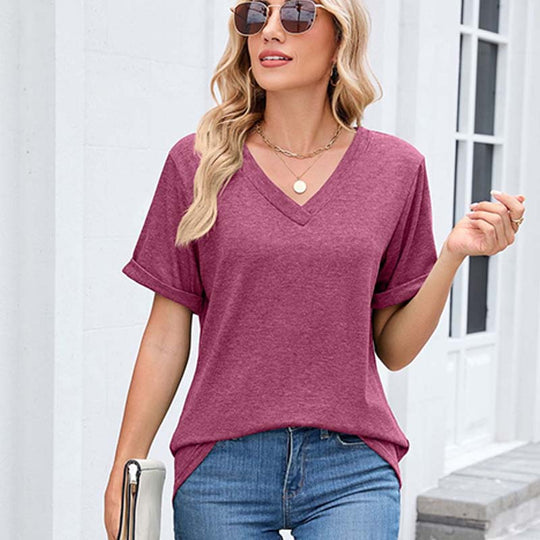 WIHOLL SwimWeek Womens Short Sleeve V Neck Dolman Tops with Side Shirring Loose Fit Shirts