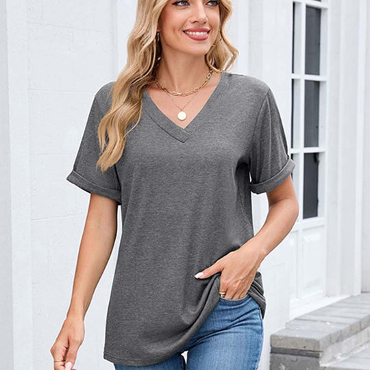 WIHOLL SwimWeek Womens Short Sleeve V Neck Dolman Tops with Side Shirring Loose Fit Shirts