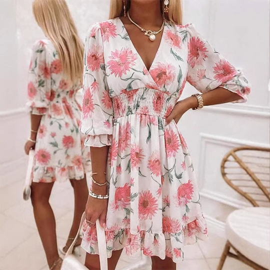 🎁2026 New Arrivals 50% OFF - Free Shipping💥Women's Floral V-Neck Ruffle Hem A-Line Dress💐👗