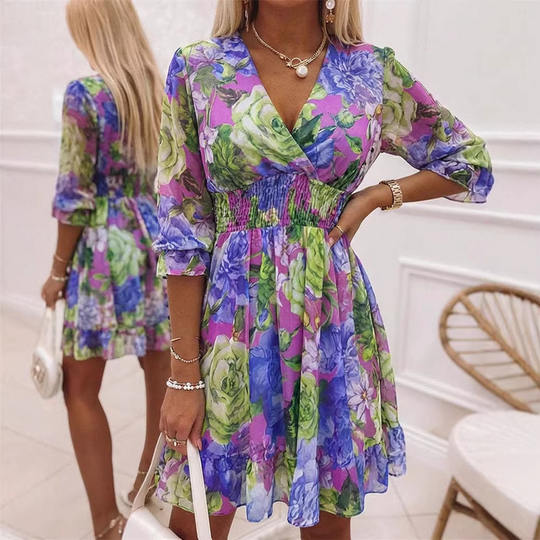 🎁2026 New Arrivals 50% OFF - Free Shipping💥Women's Floral V-Neck Ruffle Hem A-Line Dress💐👗