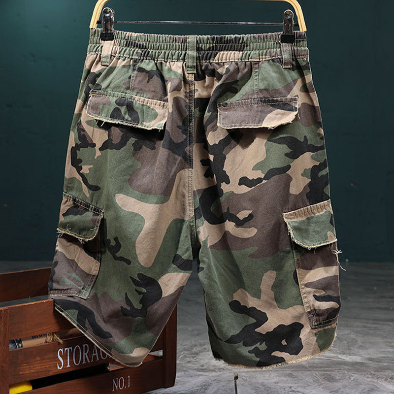 💥Men's Studded Camo Cargo Shorts – Distressed, Multi-Pocket & Elastic Waist – Rugged Streetwear Cargo Shorts 🛹