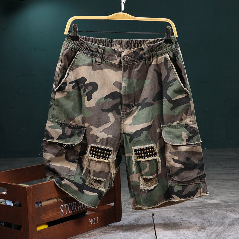💥Men's Studded Camo Cargo Shorts – Distressed, Multi-Pocket & Elastic Waist – Rugged Streetwear Cargo Shorts 🛹