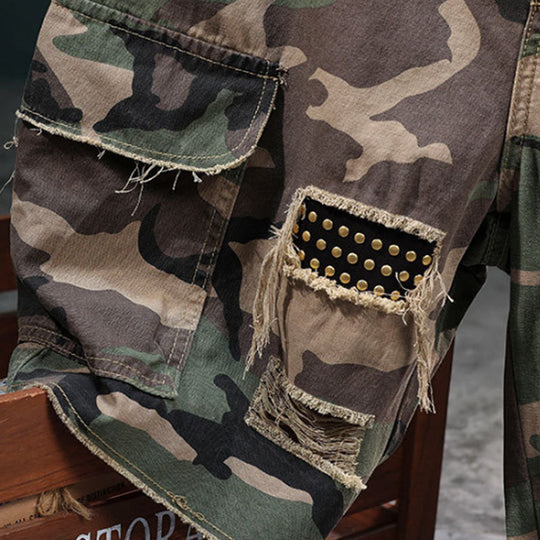 💥Men's Studded Camo Cargo Shorts – Distressed, Multi-Pocket & Elastic Waist – Rugged Streetwear Cargo Shorts 🛹