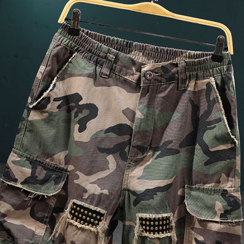 💥Men's Studded Camo Cargo Shorts – Distressed, Multi-Pocket & Elastic Waist – Rugged Streetwear Cargo Shorts 🛹