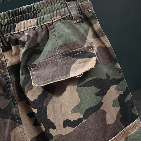 💥Men's Studded Camo Cargo Shorts – Distressed, Multi-Pocket & Elastic Waist – Rugged Streetwear Cargo Shorts 🛹
