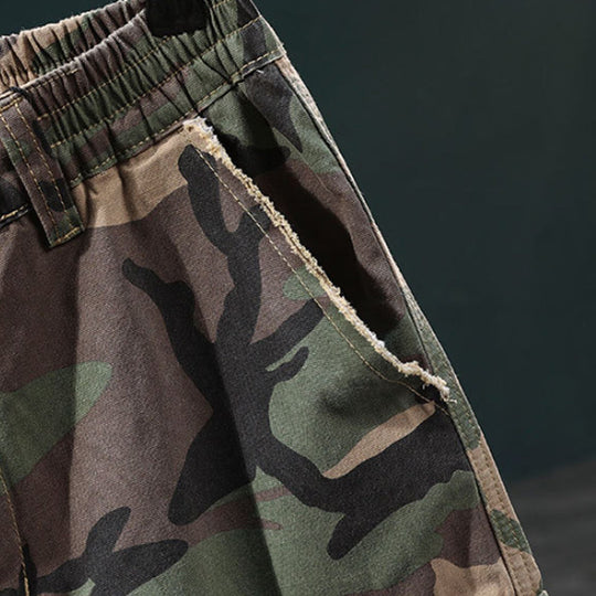 💥Men's Studded Camo Cargo Shorts – Distressed, Multi-Pocket & Elastic Waist – Rugged Streetwear Cargo Shorts 🛹
