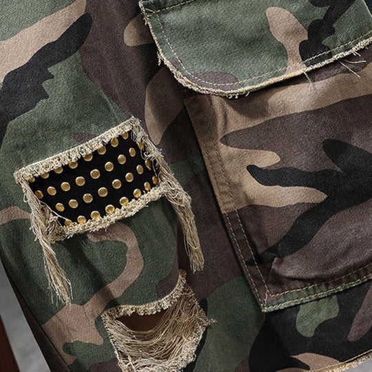 💥Men's Studded Camo Cargo Shorts – Distressed, Multi-Pocket & Elastic Waist – Rugged Streetwear Cargo Shorts 🛹
