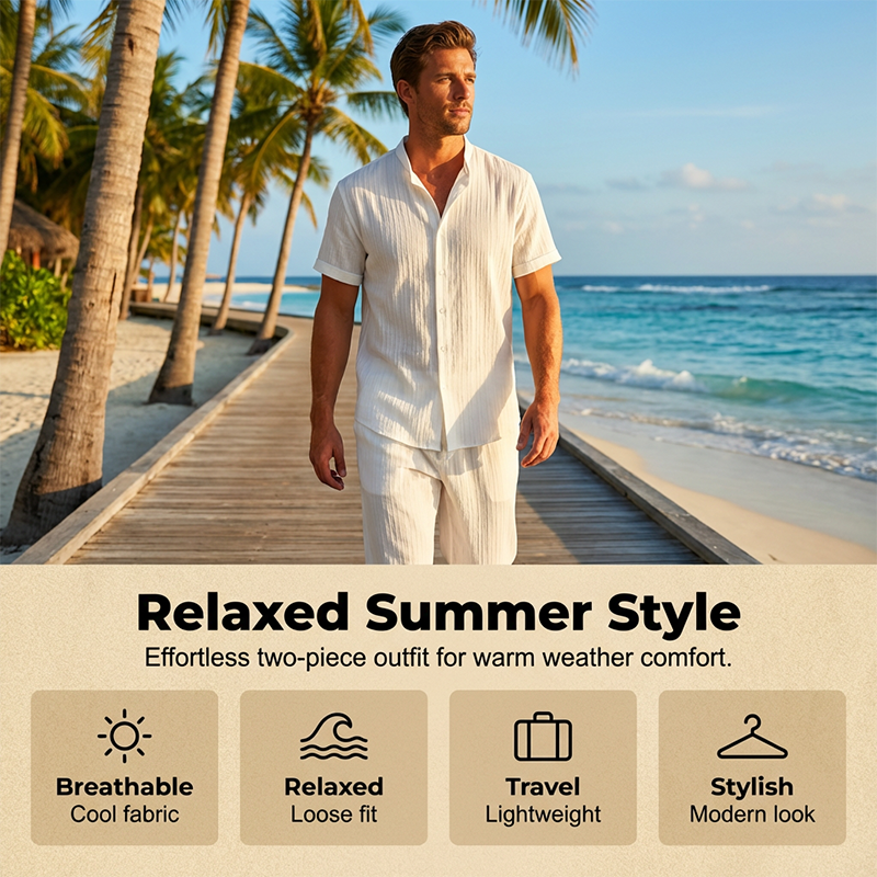 👔 LIMITED-TIME 55% OFF! ✨ Men's Textured 2-Piece Set – Shirt & Pants, Breathable, Coordinated 🧳