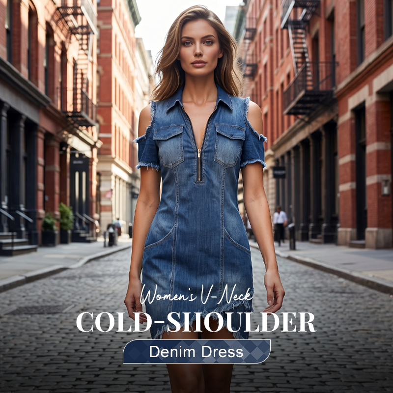 ✨ Women's Cold-Shoulder Denim Dress – V-Neck, Flowy, Boho 🌼