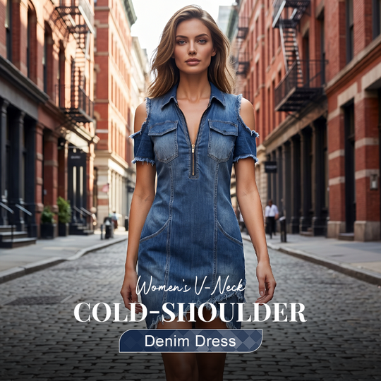 ✨ Women's Cold-Shoulder Denim Dress – V-Neck, Flowy, Boho 🌼