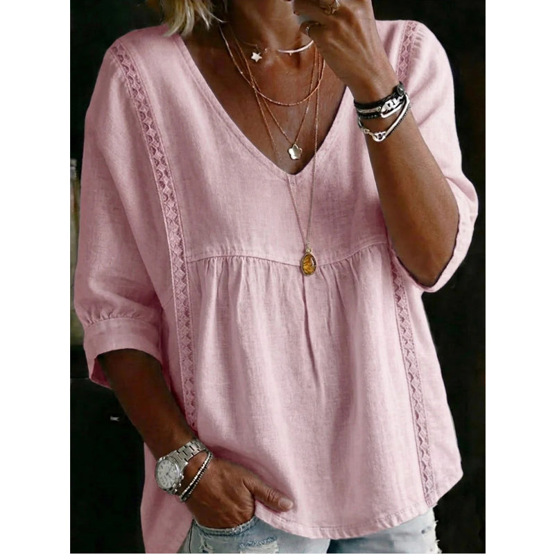 🌼 Women’s Casual V-Neck Lace Trim Top – Romantic Lace, Flowy Fit & 3/4 Sleeve Elegance 💕