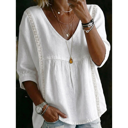 🌼 Women’s Casual V-Neck Lace Trim Top – Romantic Lace, Flowy Fit & 3/4 Sleeve Elegance 💕