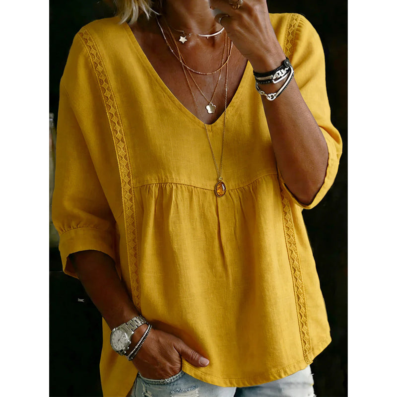 🌼 Women’s Casual V-Neck Lace Trim Top – Romantic Lace, Flowy Fit & 3/4 Sleeve Elegance 💕