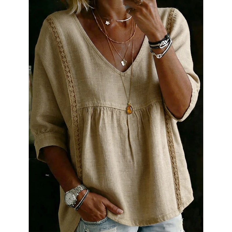 🌼 Women’s Casual V-Neck Lace Trim Top – Romantic Lace, Flowy Fit & 3/4 Sleeve Elegance 💕