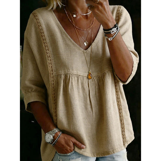 🌼 Women’s Casual V-Neck Lace Trim Top – Romantic Lace, Flowy Fit & 3/4 Sleeve Elegance 💕