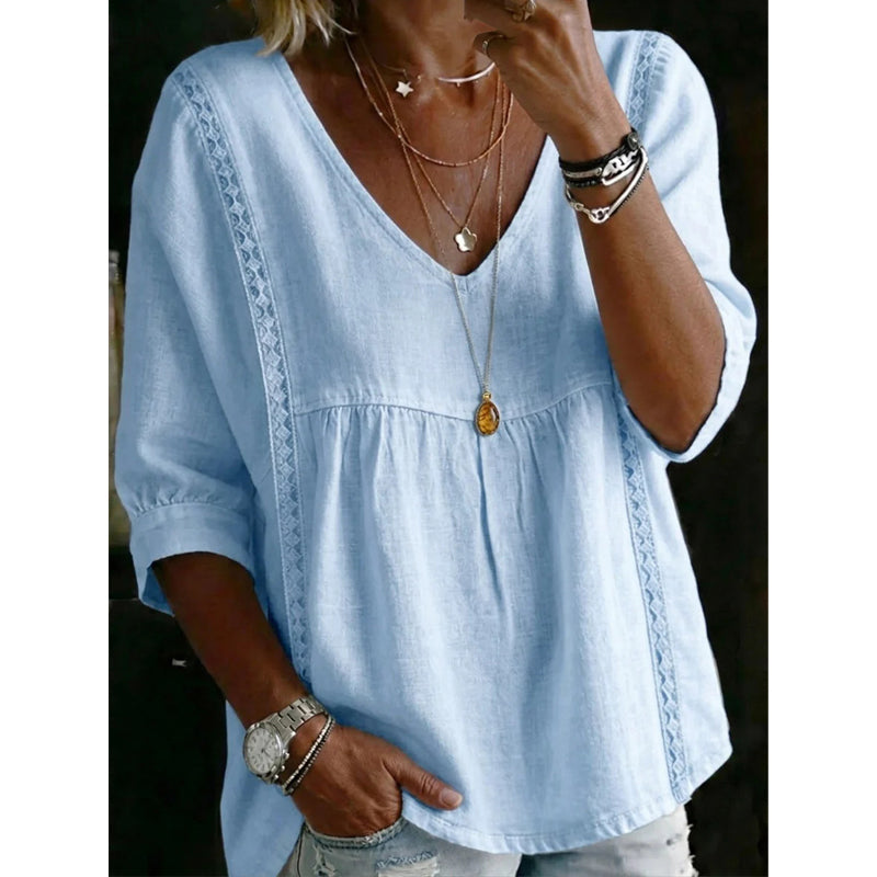 🌼 Women’s Casual V-Neck Lace Trim Top – Romantic Lace, Flowy Fit & 3/4 Sleeve Elegance 💕