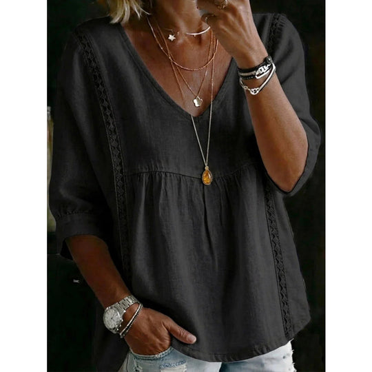 🌼 Women’s Casual V-Neck Lace Trim Top – Romantic Lace, Flowy Fit & 3/4 Sleeve Elegance 💕