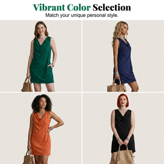 🎁2026 New Arrivals 50% OFF💥Elegant Slim Fit Cowl Neck Dress – Sleeveless, Side Pockets, Versatile ✨