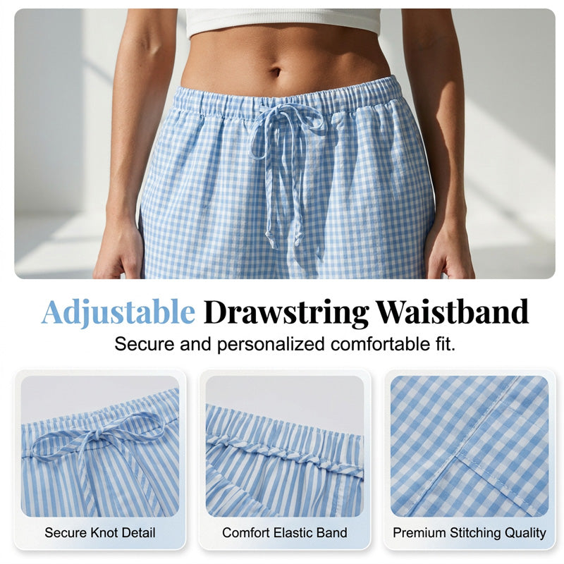 ⏰2026 Summer Hot Sale 50% OFF 🌊✨Women's Wide Leg Gingham Striped Plaid Pants🏖️-Casual Barrel Loose Drawstring Pants with Pockets☀️
