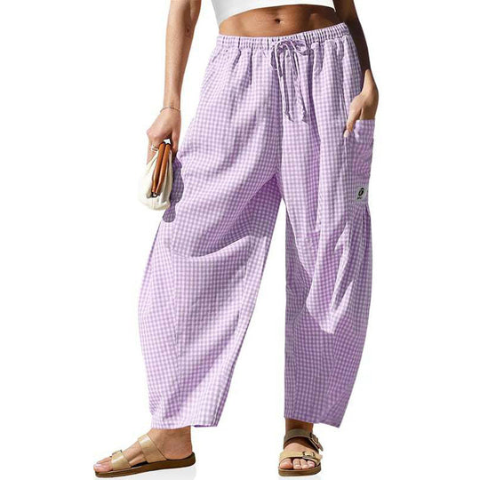 ⏰2026 Summer Hot Sale 50% OFF 🌊✨Women's Wide Leg Gingham Striped Plaid Pants🏖️-Casual Barrel Loose Drawstring Pants with Pockets☀️
