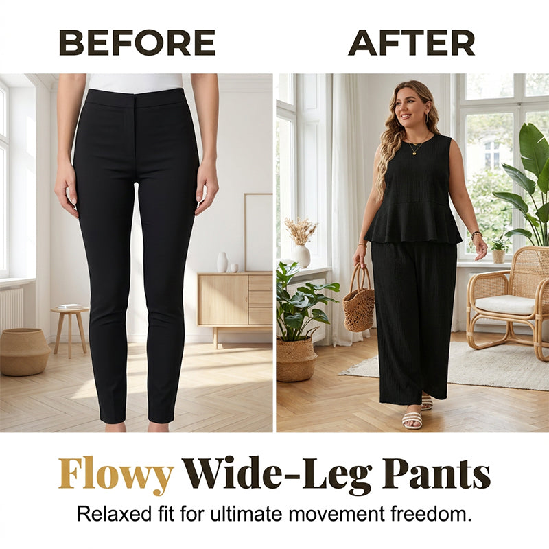 ⏰💰 50% OFF – Sleeveless Peplum Top & Wide-Leg Pants Set – Effortless Style in 1 Click! | Flattering Peplum + Flowy Pants | Ready-to-Wear Outfit 👚👖✨🌸
